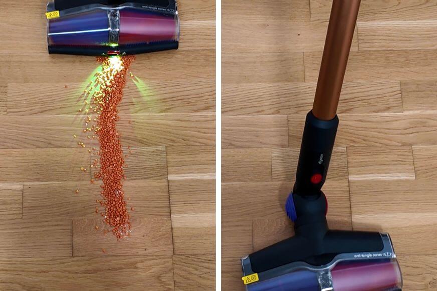 Der Dyson V16 Piston Animal saugt im Test mit grünem Laser Haferflocken vom Holzboden.